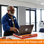 **Image Prompt:** A local employment program training session in a brightly lit, modern space. Show a mix of ages and ethnicities, focusing on practical skills training with laptops and equipment. The company's logo is subtly visible in the background, conveying support for the community.