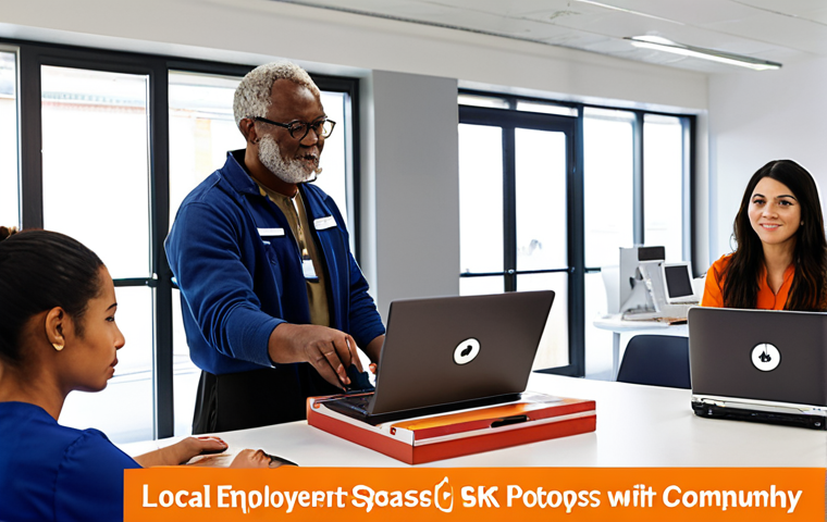 **Image Prompt:** A local employment program training session in a brightly lit, modern space. Show a mix of ages and ethnicities, focusing on practical skills training with laptops and equipment. The company's logo is subtly visible in the background, conveying support for the community.